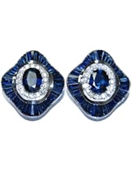18K White Gold Unique Diamond Blue Sapphire Earrings [E0042]