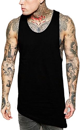 Men Fashion hypotenuse Miter tank Hip Hop longline tops Rap vest US-L Black