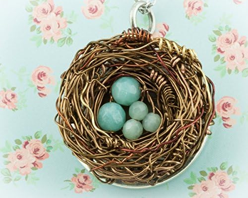Necklace. Personalized. 1 up to 10 eggs. Handwoven custom Birds Nest on top of a Silver keepsake photo LOCKET. Amazonite gemstone beads. Family, New baby, or graduation, House warming...