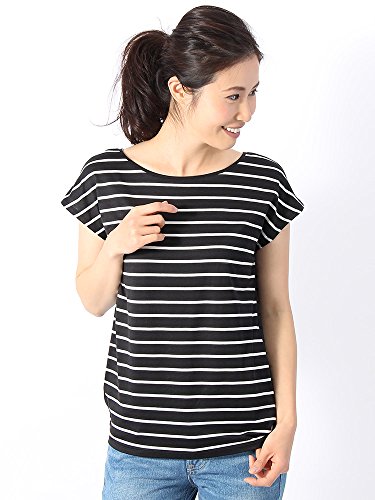 (ユニバーサルランゲージ) リヨセルコットン天竺×サテン ボーダー柄プルオーバー ブラック×ホワイト