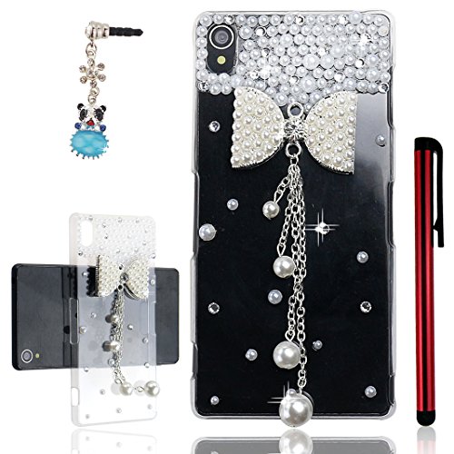 Ancerson® Hard Back Case for Sony Xperia Z3 (5.2") 3D Handmade Luxury Shining Glitter Crystal Diamond Rhinestones Polycarbonate Cover Free with a Red Stylus Touchscreen Pen, a 3.5mm Universal Crystal Diamond Rhinestones Bling Lovely Silvery Flower Blue Panda Pendant Dust Plug and a Cleaning Cloth (Transparent Clear) (White Pearls Bow Bowknot Silvery Pendant Tassel)