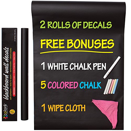 Colore Blackboard Wall Decals – Premium Vinyl Contact Paper For Restaurant Menu Chalkboard, Office, Wallpaper, Art Quotes, Home Kitchen Stickers – FREE Colored Chalks, Chalk Pen & Wipe Cloth – 2 Rolls
