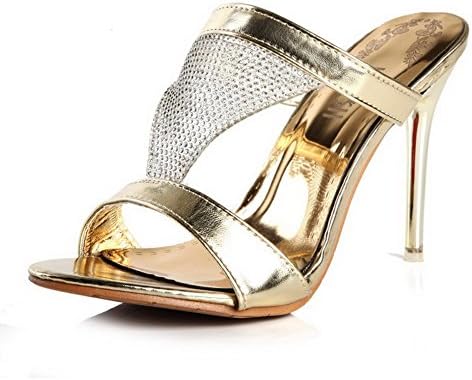 Kvoll Womens Open Toe High Heels Leather Solid Slippers with Studded Rhinestones, Gold, 35