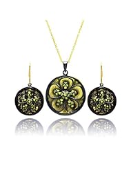Nickel Free Sterling Silver Pendant & Earring Sets Outline Black Rhodium Flower 14K Gold Plated Back Set