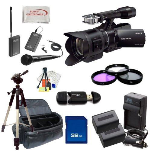 Sony NEX-VG30 Camcorder with 18-200mm f/3.5-6.3 Power Zoom Lens + Interview Package - Includes: Wireless Lapel & Handheld Microphone Set, 3 Piece Filter Kit (UV,CPL,FLD), 32GB SDHC Memory Card, Card Reader, Full Size Tripod, 2 Replacement NP-FV100 Battery Packs, Rapid Travel Charger, Carrying Case & SSE Microfiber Cleaning Cloth 