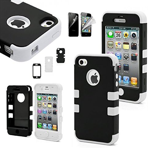 CWAccessories (TM) Black High Impact Hybrid Matte Hard Case Silicone Rubber Cover for Apple iPhone 4 4G 4S w/ Screen Protector (White)