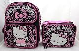 Hello Kitty BLACK GLITTER FACE Medium 14 Backpack + Lunch Bag SET