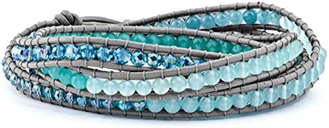 Crystal and Blue Quartz Beaded Leather Multi-Wrap Bracelet, 33.5 inch, Jewelry Bracelets for Women