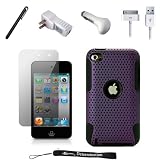 Purple Matte Armor with Aero Breathe Design / Rubberized Silicone Gel Skin with Hard Shell Cover Case for New Apple iPod Touch 4 ( 4th Generation 8GB 16GB 32GB ) + Includes a USB Travel Car Charger, a USB Home Charger and a USB Data Sync Cable + Includes Anti Glare Screen Protector Guard and a Graphic Designer Stylus Pen to Navigate Device