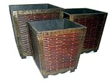 Horizontal Bamboo Weave Square Planters w/ Brass Trim Set of 3