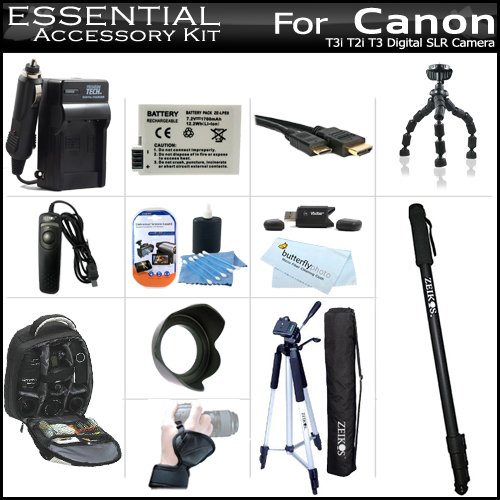Essential Accessory Kit For Canon EOS Rebel T3i, T2i Digital SLR Camera Includes Extended (1700Mah) Replacement LP-E8 Battery + AC/DC Charger + Backpack Case + HDMI Cable + Remote Switch + 57