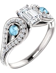 10K White Gold Emerald Cut Diamond and Aquamarine Ring -- LIFETIME WARRANTY