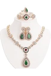 Women Gold Plated Jewelry set Red & Green Beads Oval Pendant Necklace Earrings Bracelet Ring