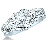 Size - 7 - 14k White Gold Diamond Ladies Womens Bridal Engagement Ring with Matching Wedding Band Two 2 Ring Set Solitaire with Side Stones Channel Set Heart Love Round Brilliant Cut Diamond Ring 8mm (3/4 cttw, 1/4 ct Center, G - H Color, SI2 Clarity)