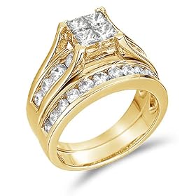 Size - 7 - 14k Yellow Gold Diamond Bridal Engagement Wedding Band Ladies Womens Princess Shape Solitaire Style Center Setting with Channel Invisible Set Side Stones Two 2 Ring Set Brilliant Round & Princess Cut Diamond Ring (2.00 cttw, G - H Color, SI Clarity)
