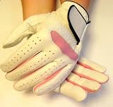 1 Paar Golfhandschuhe PINK RECHTS + LINKS Farbe weiss mit rosafarbenen Lycra-Einn�hern mit Klettverschluss Damen Gr�sse S Golfhandschuh - 