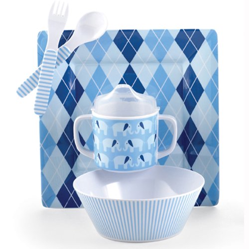 Mud Pie Baby Lil' Buddy Plate, Bowl, Sippy Cup, Fork, and Spoon Feeding Set, Elephant