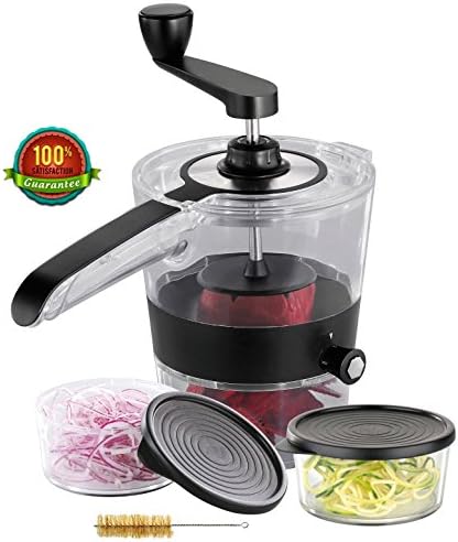 Spiral Vegetable Slicer - Make Long Strings of Zucchini and Vegetable Pasta In 4 different Sizes - Includes 2 Premium Food Safe Storage Containers and Lids - Bonus Cleaning Brush