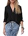 Roswear Women's Casual V Neck Cuffed Sleeves Solid Chiffon Blouse Top