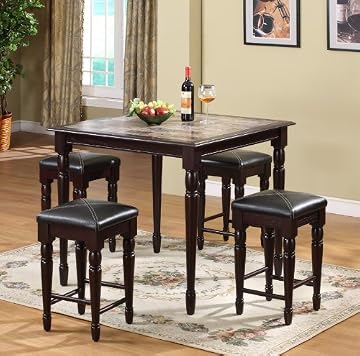 5pc Cherry Finish Wood Counter Height Faux Marble Dining Table & Stools Set