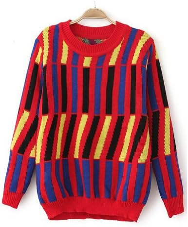 Vintage Red Long Sleeve Vertical Stripe Geometric Pullover Sweater for Women