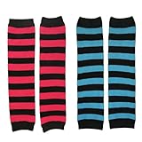 IMAGE OF 2 Pairs of Striped Knit Leg Warmers in Black & Pink + Black & Light Blue