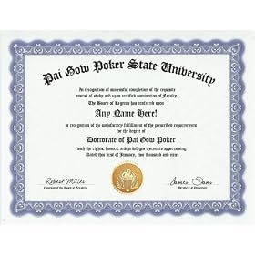 Pai Gow Poker Playing Game Player Degree: Custom Gag Diploma Doctorate Certificate (Funny Customized Joke Gift - Novelty Item)