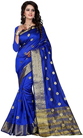 Shree Sanskruti Poly Cotton Blue Color Saree & Unstitched Blouse Piece,Free Size