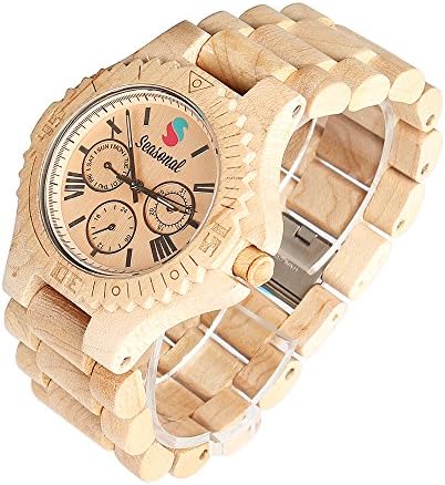 Seasonal Natural Wood Watch Men Wooden Wristwatch with Japanese quartz movement, Calendar Function, Beige