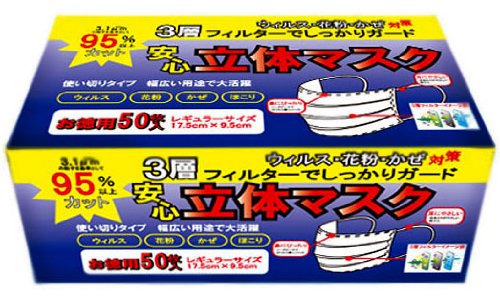 H1N1(新型インフルエンザ対策) 3層サージカル立体安心マスク 【50枚入/箱】 CLV-MK-001 31721