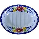 Portuguese Hand Painted Soap Dish, Red Flowers on Pale Blue Background