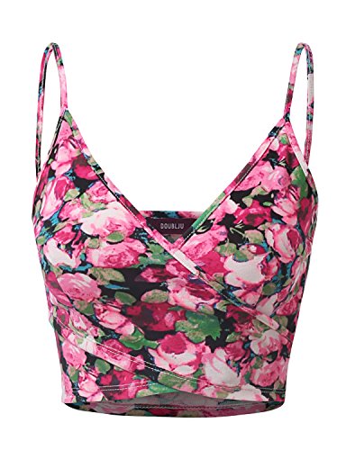 Doublju Women V Neck Floral Printing Girlish Crop Tank Top
