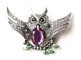 Silver Tone Vintage Reproduction Amethyst Crystal Rhinestone Owl Bird Pin Brooch