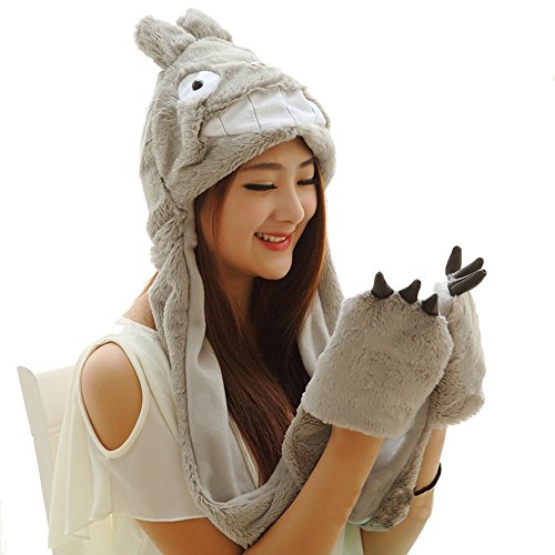 Funnie 21 Novelty Animal HAT Cosplay CAP - Unisex Fit Adult & Children- Soft Warm Headwraps Headwear with Mittens (Totoro)
