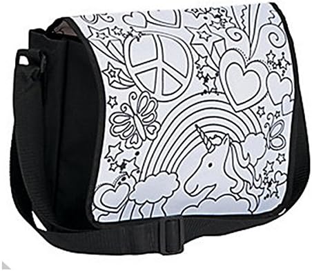 Color Your Own Messenger Bag Rainbow Unicorn Peace Heart Canvas with 8 Fabric Markers Bundle