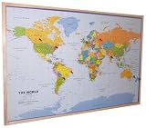 Travel : World Pinboard Map Wood Framed (plus flag pins)