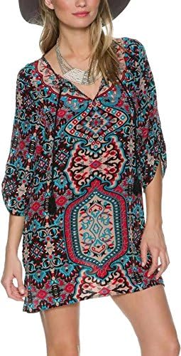 Yisqzjzj The Popular Women Bohemian Neck Tie Floral Print Ethnic Style Shift Dress Pattern 11Large Shipping from USA about 2-3 days