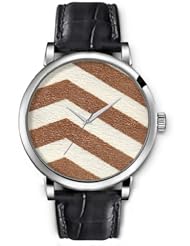 SPRAWL Aanalog Fashion Series Silver Ladies Watches of Genuine Black Leather Strap,Unique Wrist Watch for Women Girls Designed with White bars and coffee