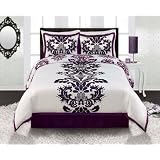 Royal Purple White Black Damask Comforter Sham and Bedskirt Set
