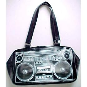 Large Black Vinyl Boombox Carry Bag Tote Retro Radio