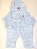 Knitted on Hand Knitting Machine Trimmed By Hand Crochet Infant Boys Outfit Made of Blue Chenille Denim Cotton Tweed Cardigan, Pant Hat Set Trimmed with Star American Flag