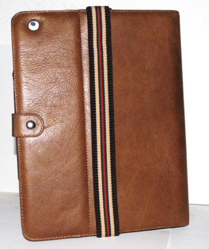 Premium Apple Ipad 2 Tablet Brown Solid Color Genuine Real Leather Book Style Case with Adjustible Viewing Angle + Car Mount Headrest Strap Brown Green Red