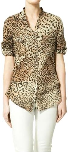 Sweet Brownie Leopard Mandarin Collar Chiffon Shirt Blouse Women