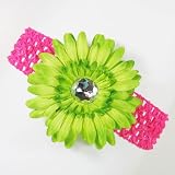 3-in-1 Gerber Daisy Flower Hair Clip Bow on Soft Stretch Crochet Child Headband fits Babies to Toddlers to Youth Girls - Lime on Hot Pink