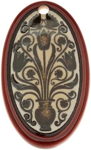 Clay River Designs Porcelain Pendant, 27x48mm Glazed Oval W/ Floral Motif, 1 Piece, Ruby