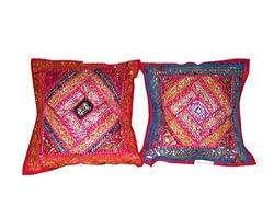 Red Blue Sequin Embroidery Sari Toss Pillow Cushion Covers