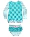 RuffleButts® Infant / Toddler Girls Aqua Striped Polka LS Rash Guard Bikini