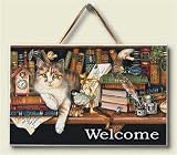 Wood Welcome Sign ~ Literary Cat ~ 5 inch by 8 inch ~ code 250