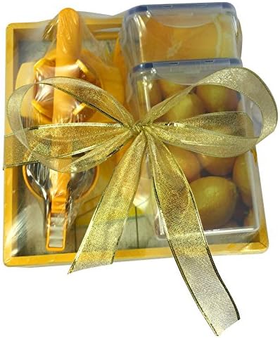 Gift Basket for Lemon Lovers-Ceramic Knife, Cutting Board, Lemon Squeezer / Juicer, Lemon Slicer, 2 Containers, Wooden Tray. Great Gifts for Health and Fitness Friends!