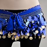 Belly Dance Hip Scarf Blue, Gold Coins Lively Style, 100% Handmade